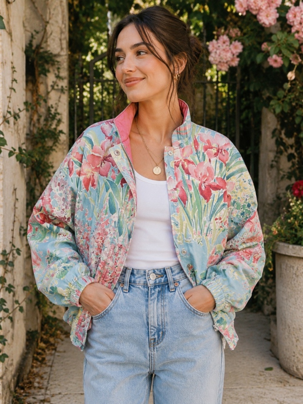 VTG 80s 90s Floral Cotton Jacket Made in USA Watercolor Garden Print Cottage LG